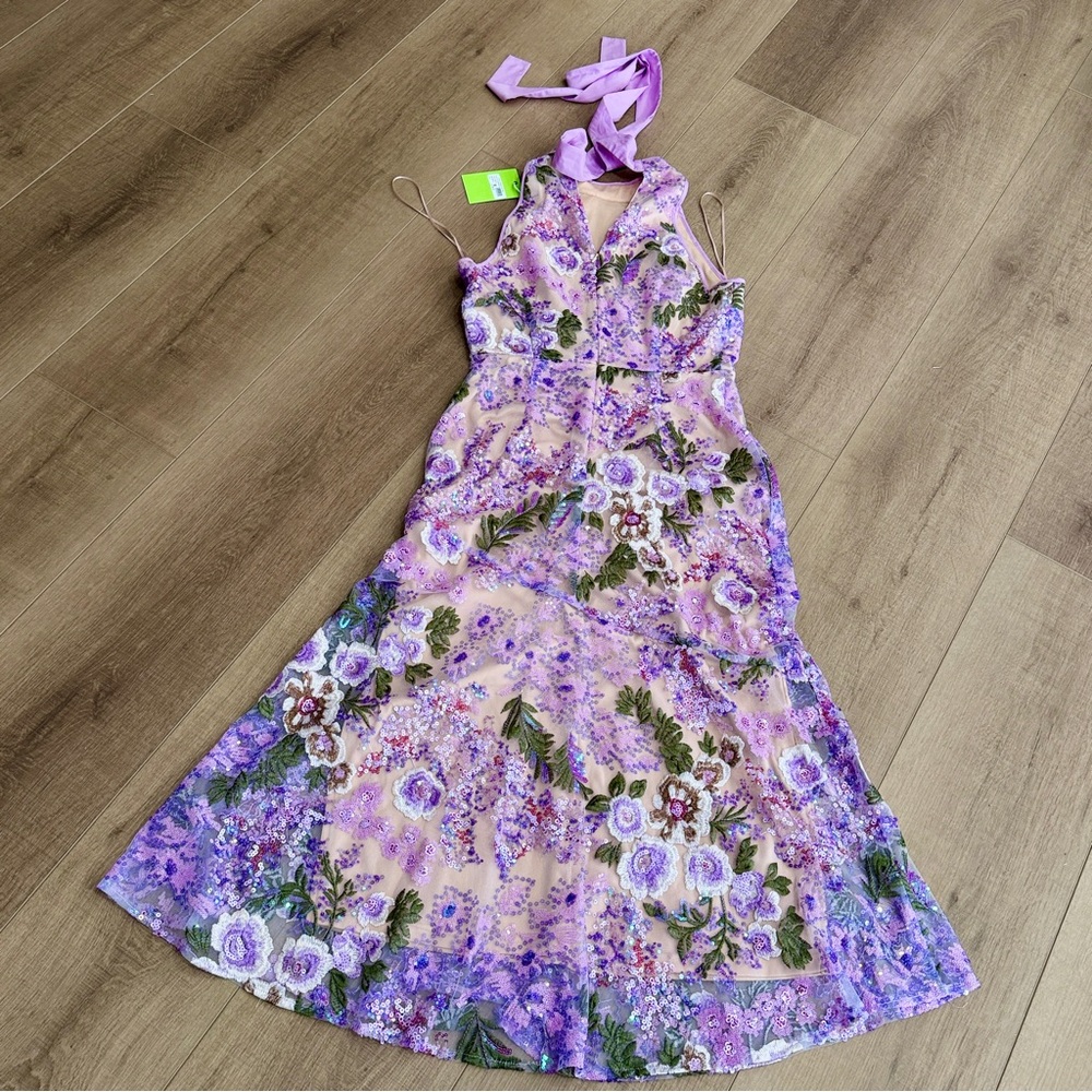 Sam Edelman Lavender Floral Lace Sequin High Neck Dress Small Formal Cocktail - Picture 16 of 16
